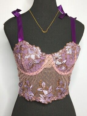 Fairycore Purple Embroidered Mesh Bustier Top with Satin Ribbon Ties M